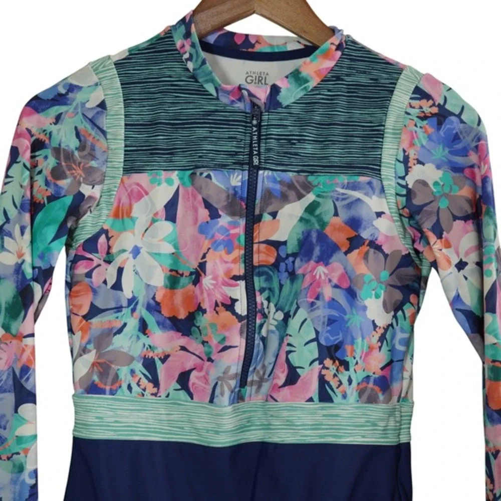 Athleta Girl XXL 16 Long Sleeve One Piece Swimsuit Floral‎ Rash Guard Navy Blue